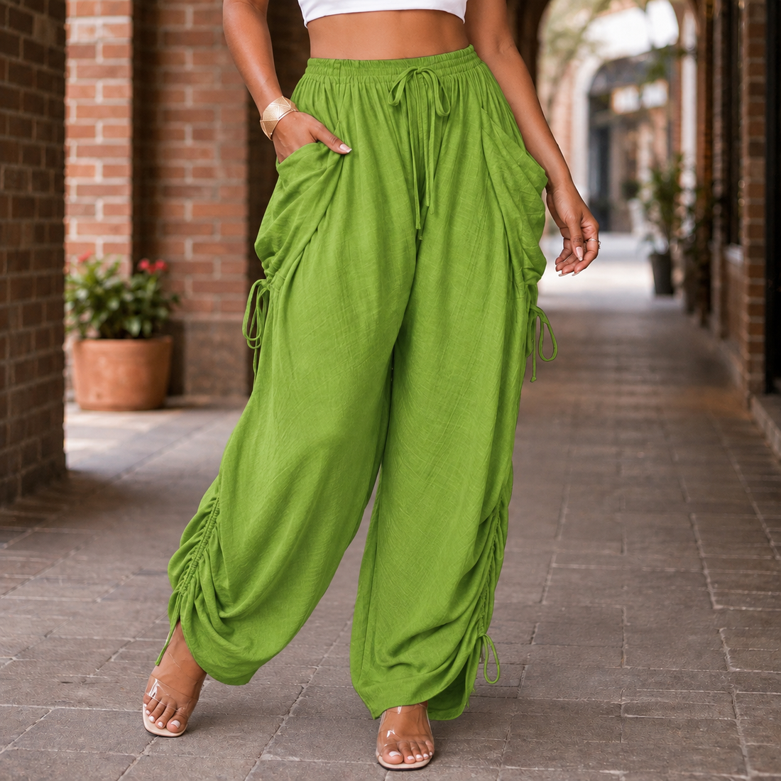 Astrid-Lane Ruched Harem Pants - Green