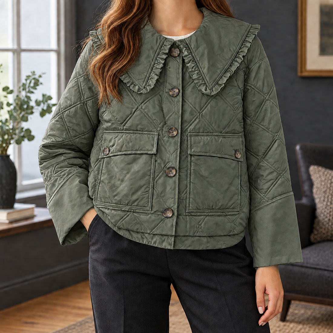 Tamsin-Skye Ruffled Collar Jacket - Olive Green