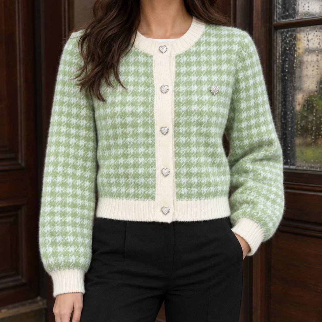 Alina-Rose Houndstooth Cardigan - Ocean Green