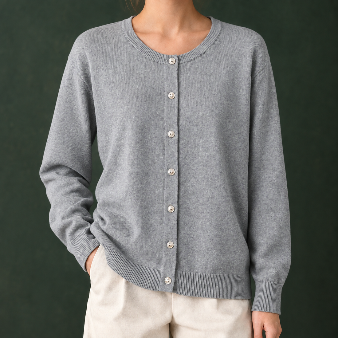 Danielle-Elise Round Neck Cardigan - Gray