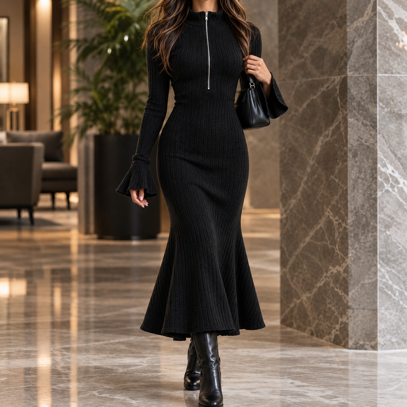 Honora-Claire Ribbed Zip Dress - Black
