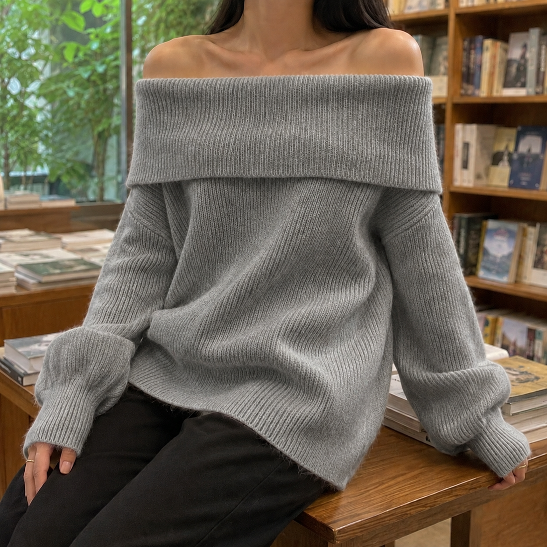 Mercedes Off-Shoulder Sweater - Gray
