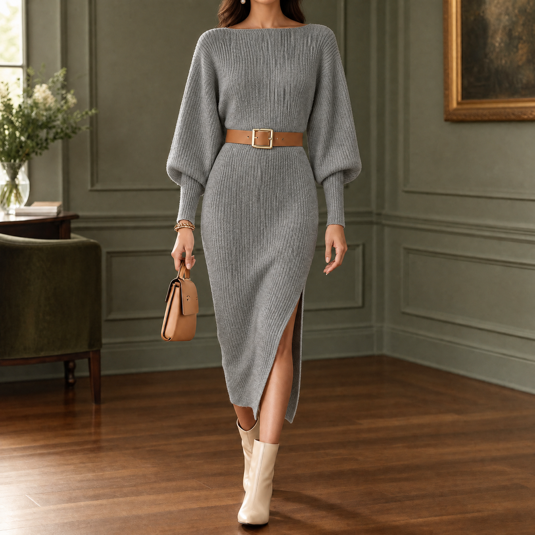 Naomi-Sage Ribbed Midi Dress - Gray