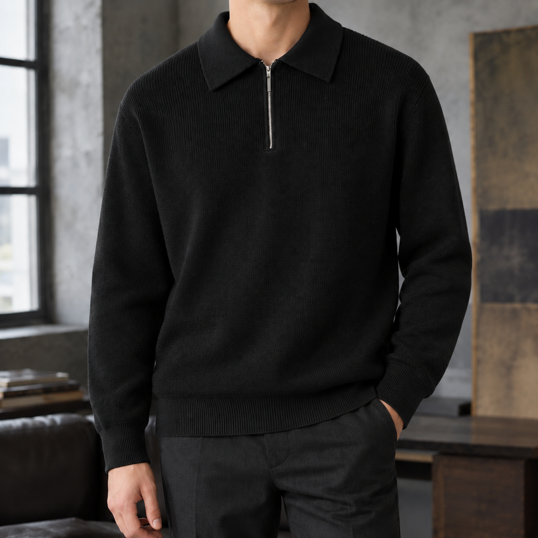 Douglas Half Zip Sweater - Pique Black