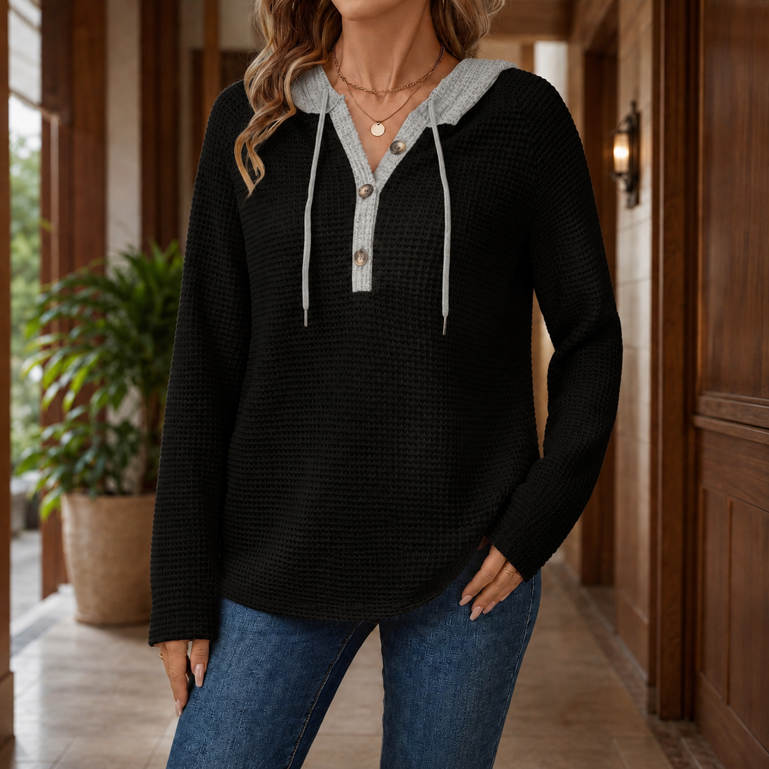 Honora-Rae Waffle Sweater - Black