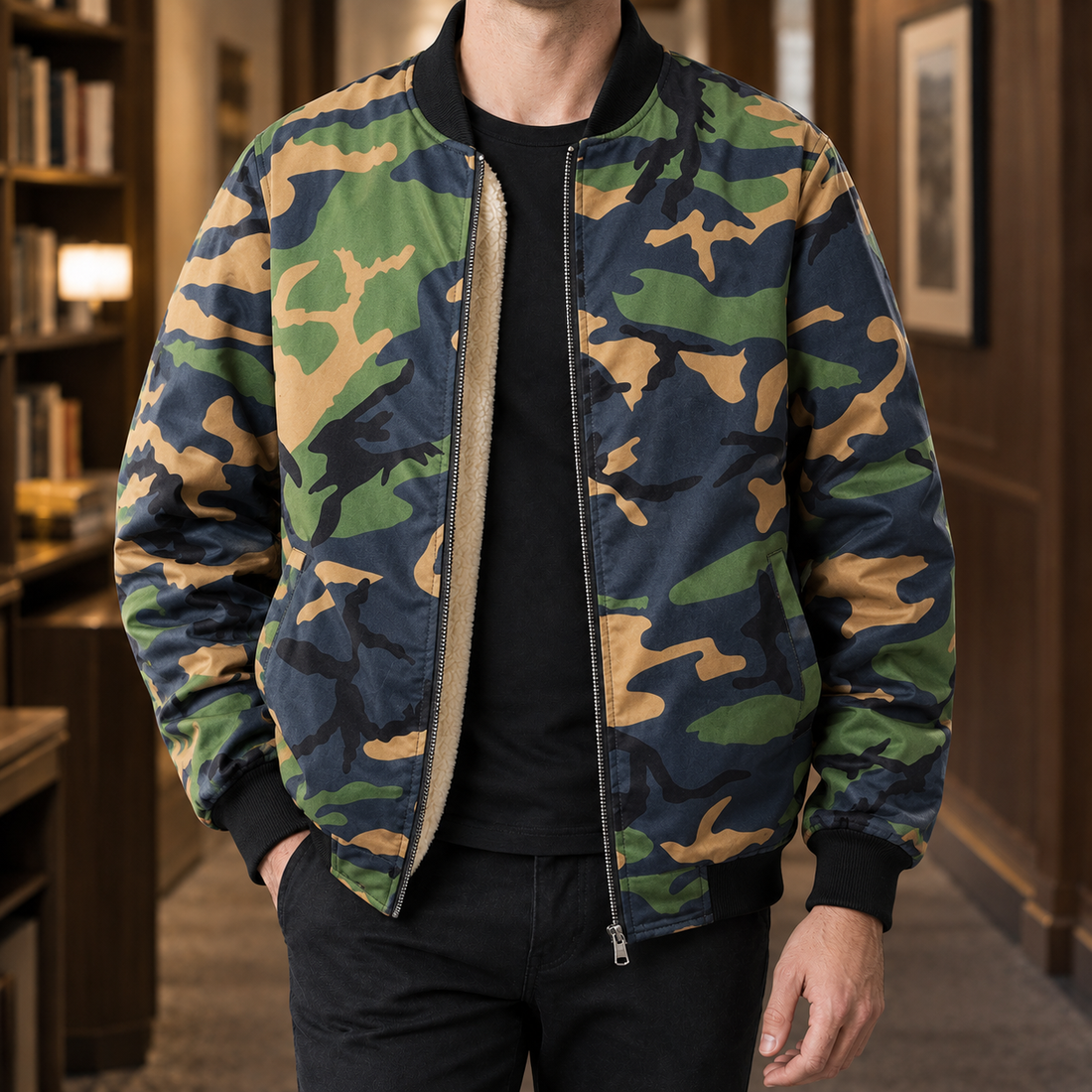 Finley Camouflage Bomber Jacket - Military Green
