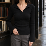 Isabelle-Jade Collared Knit Top - Black