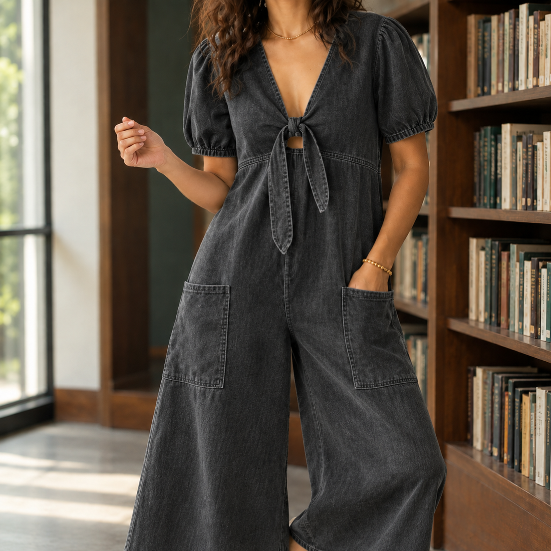 Olympia-Lane Tie Front Jumpsuit - Black