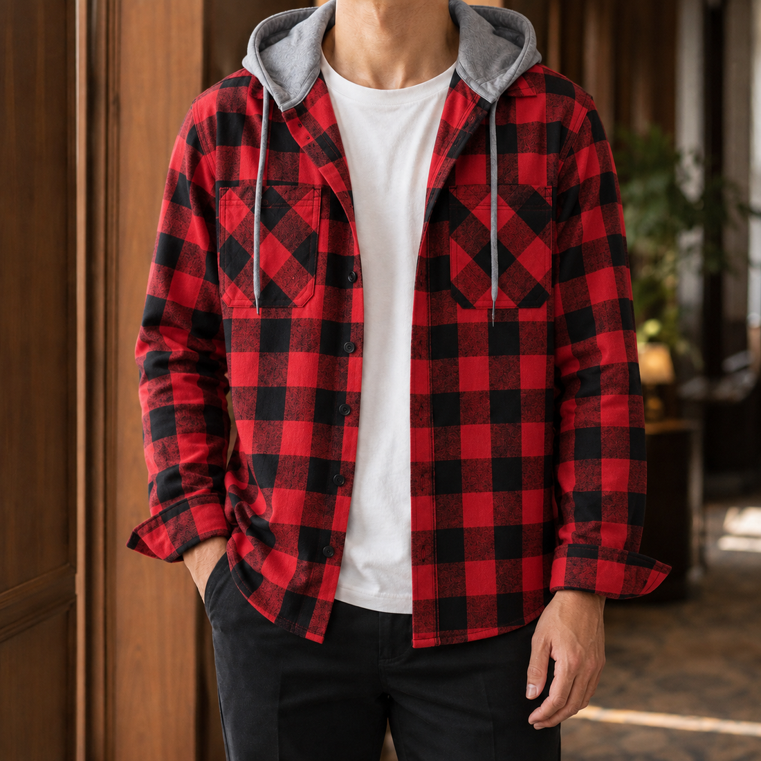 Gilles Plaid Hooded Overshirt - Red Plaid