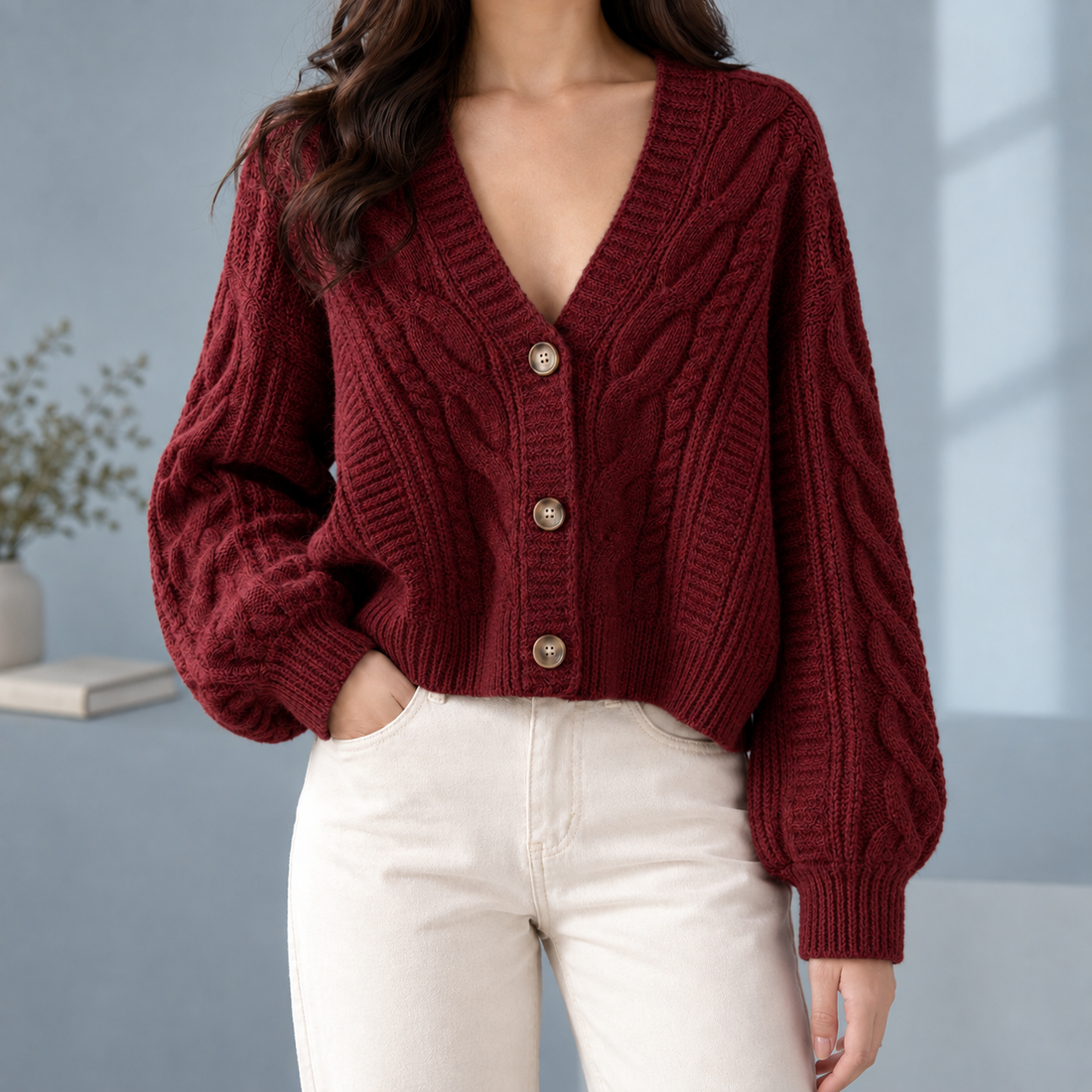 Morwenna-Skye Cable Cardigan - Red