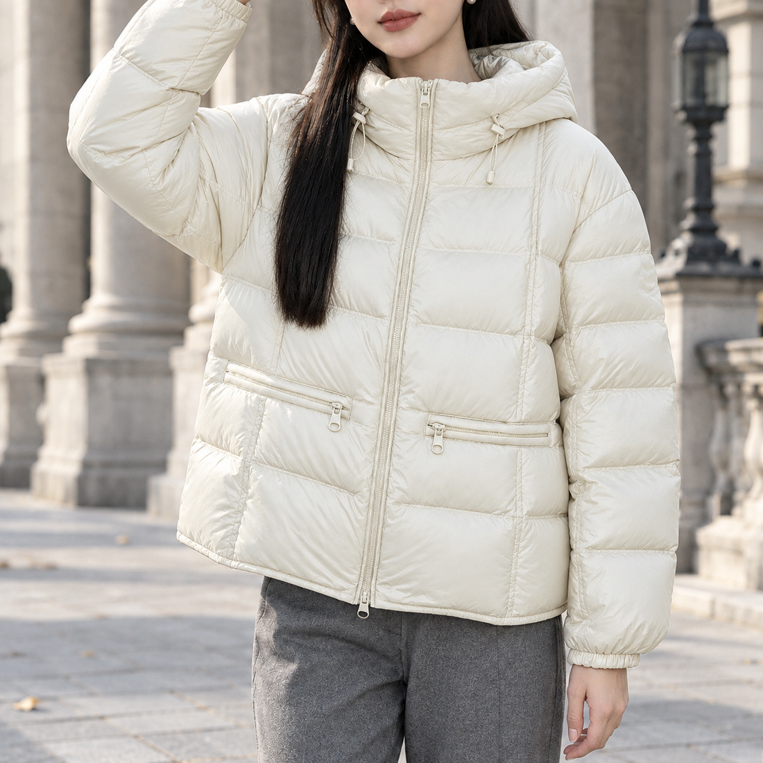 Thalia-Pearl Quilted Jacket - Light Cream
