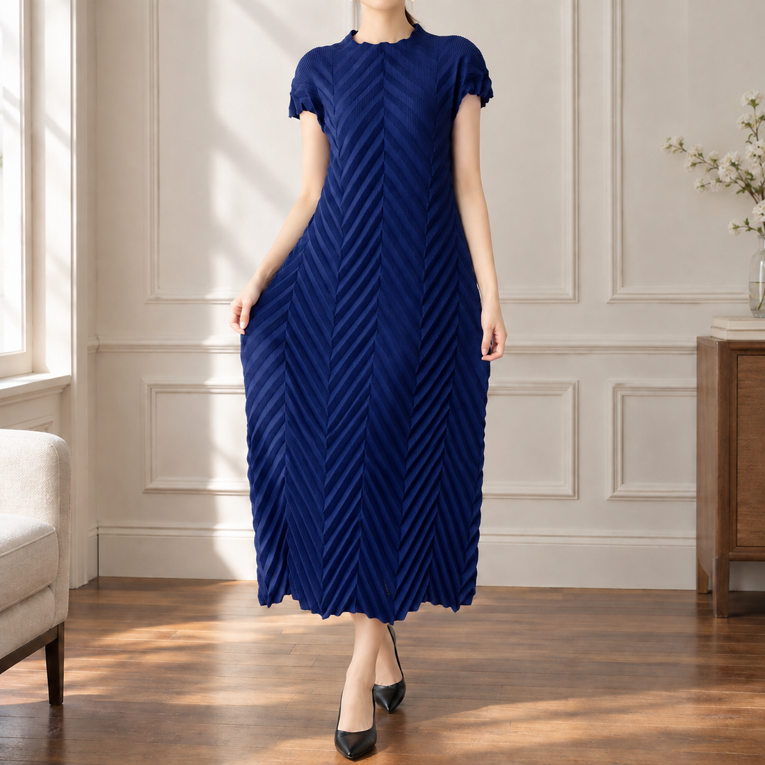 Cerys-Elise Chevron Dress - Dark Blue