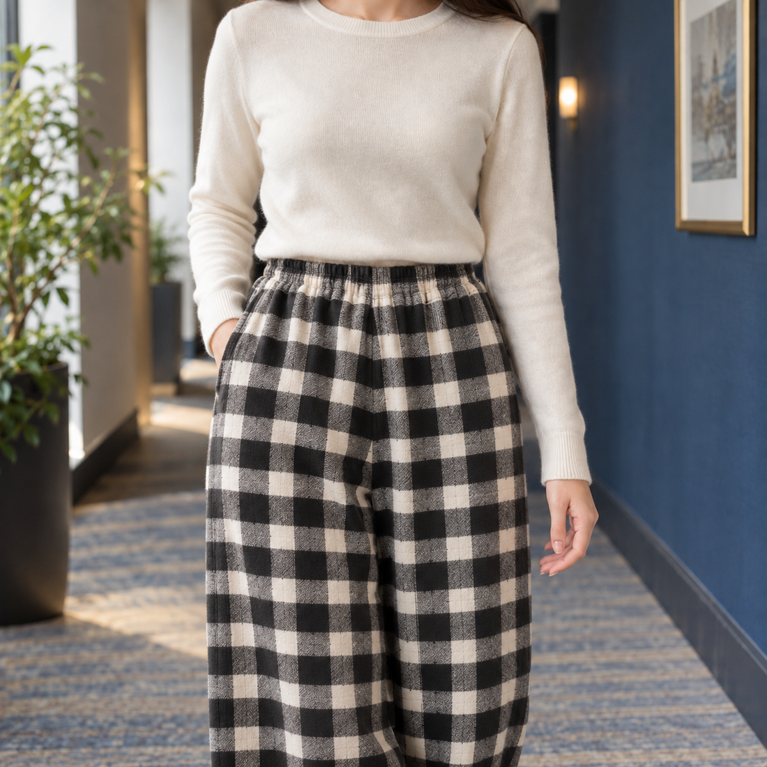 Sylvaine-Jane Straight Leg Pants - Plaid Black White