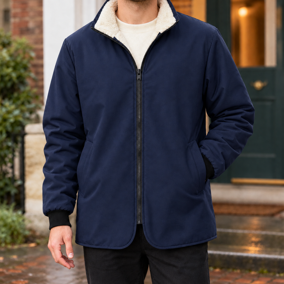 Dario Fleece-Lined Jacket - Texture - Navy Blue