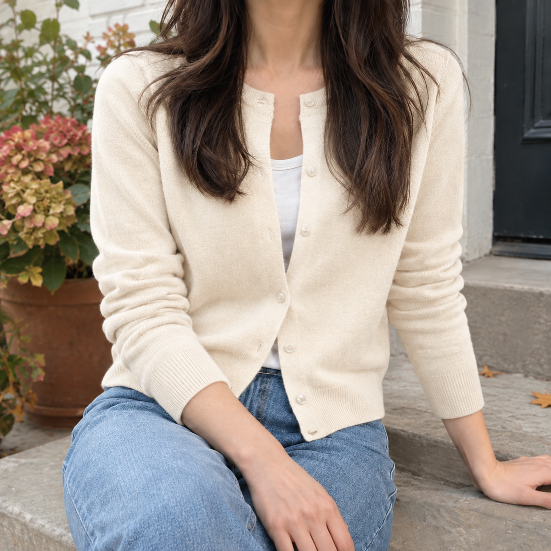 Winona-Grace Round Neck Cardigan - Light Cream