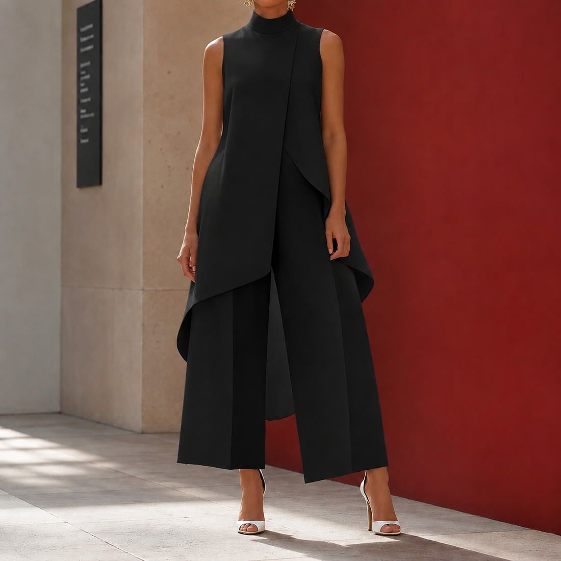 Sonia-Pearl Asymmetric Pants Set - Black