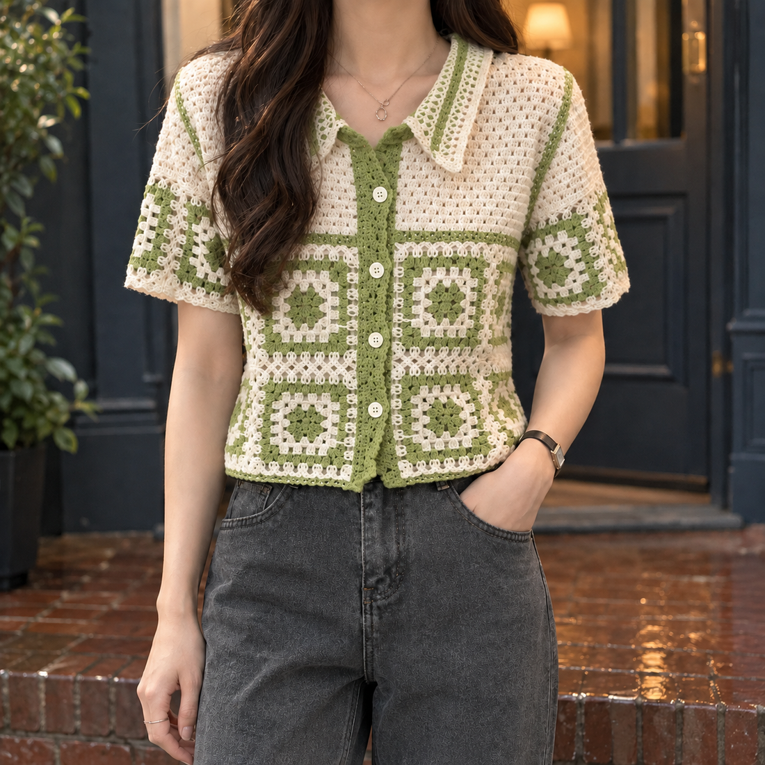 Thea Crochet Cardigan - Green