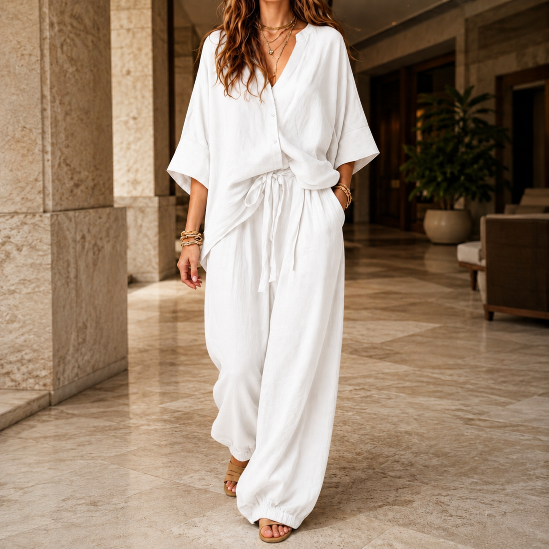 Modesty Relaxed Pants Set - White