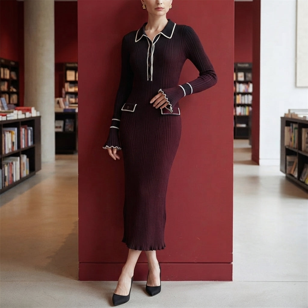 Amelie Ribbed Midi Dress - Long Skirt Burgundy
