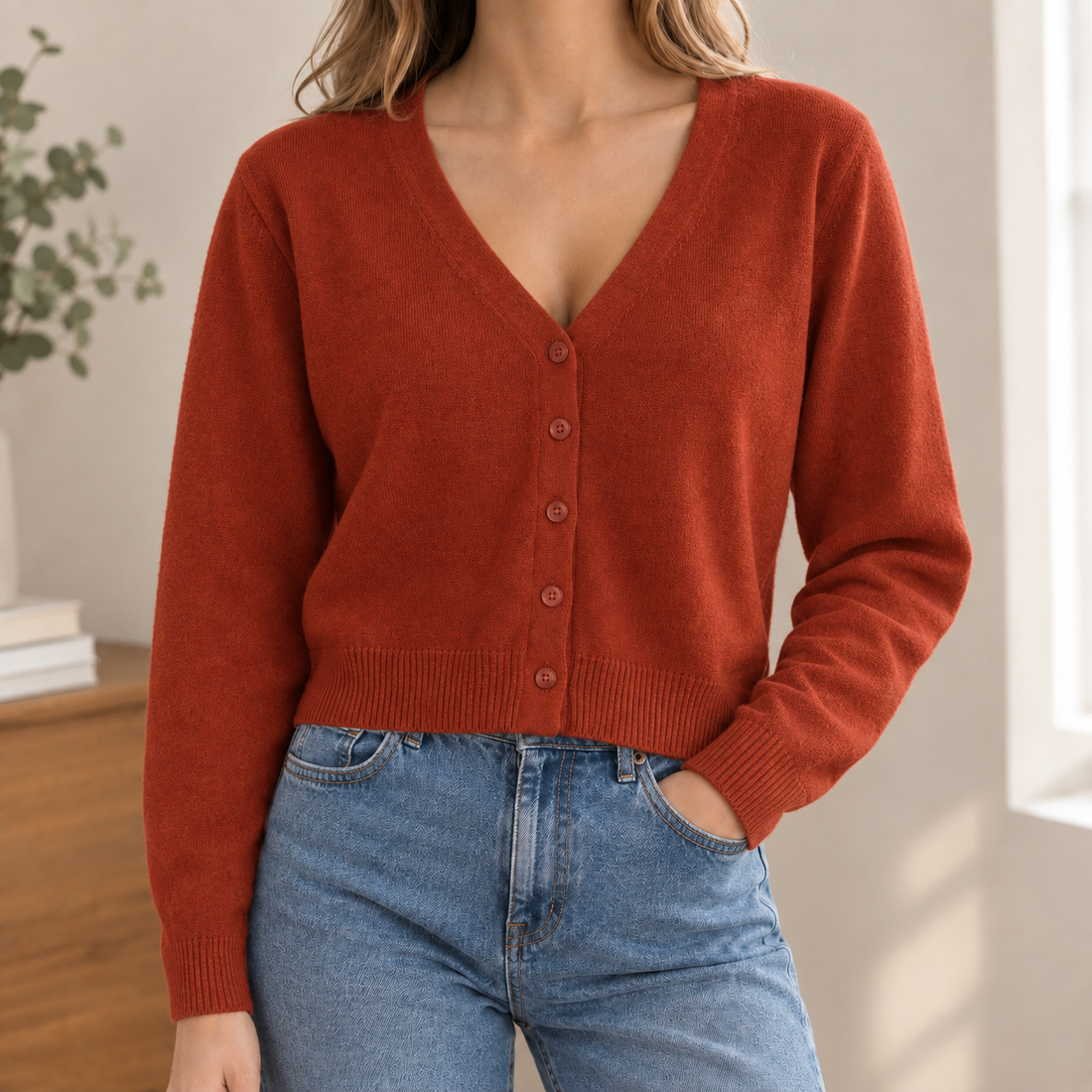 Pomeline-June V Neck Cardigan - Brick Red