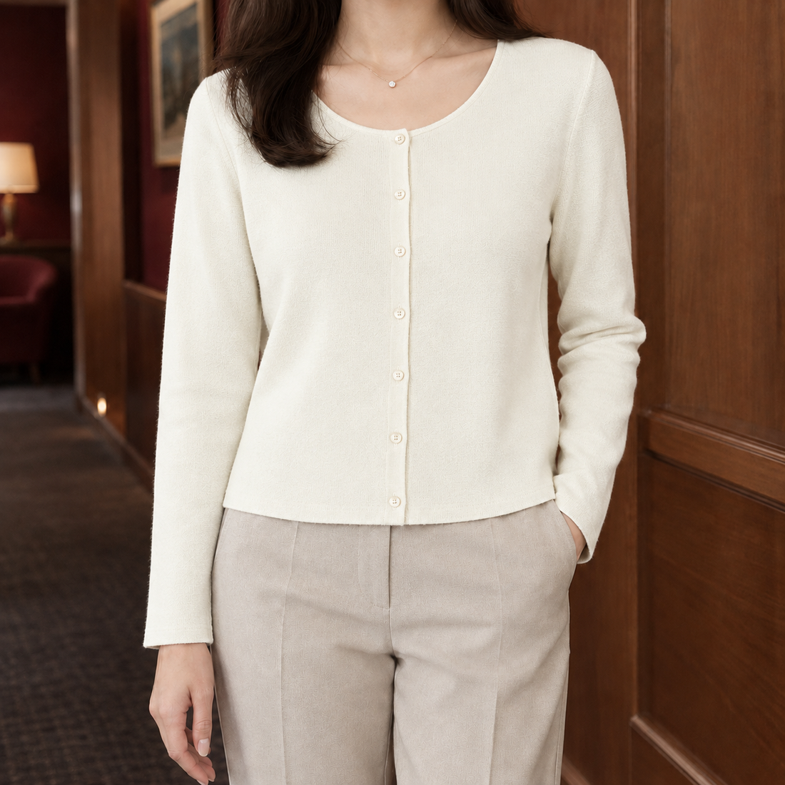 Modesty-Belle Scoop Neck Cardigan - Rice White