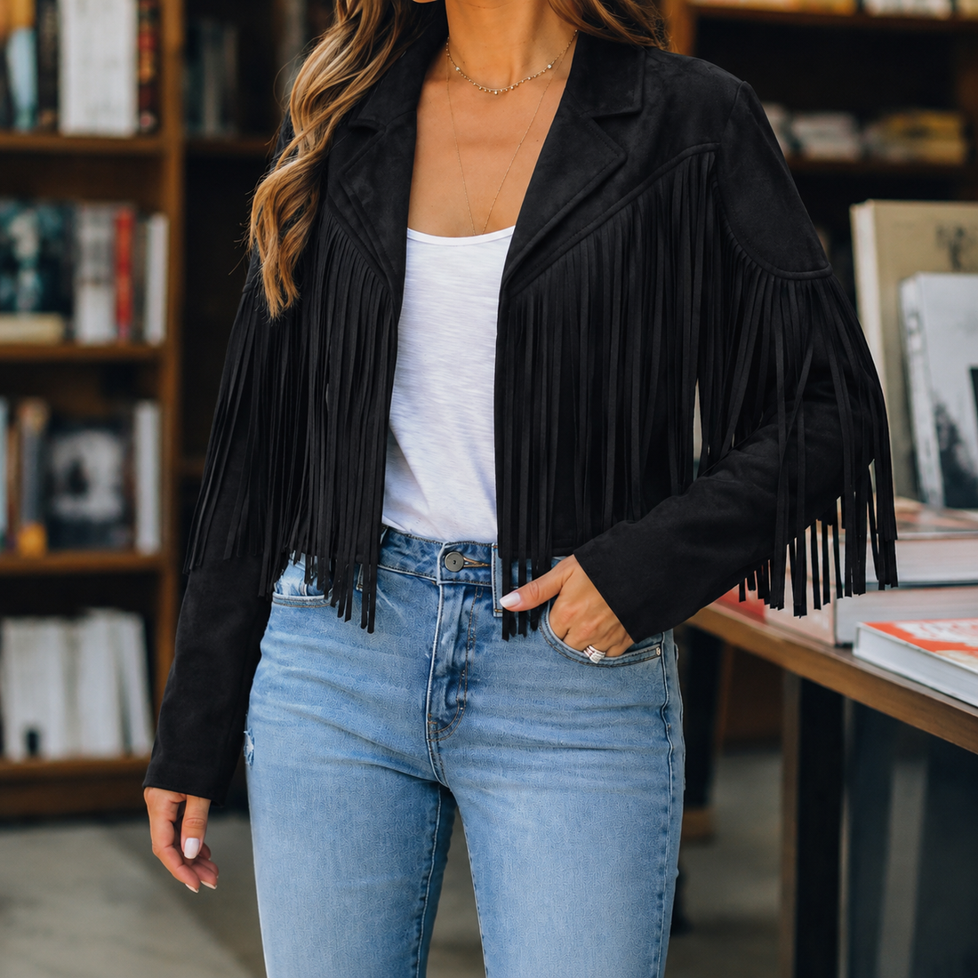 Giselle-Grace Fringe Jacket - Black