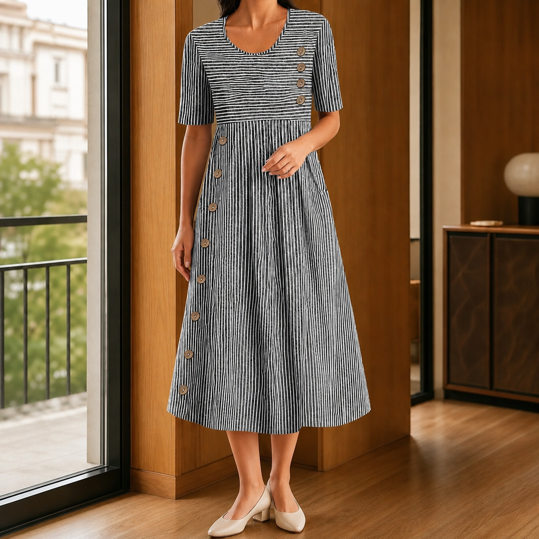 Tatiana-Louise Striped Midi Dress - Black