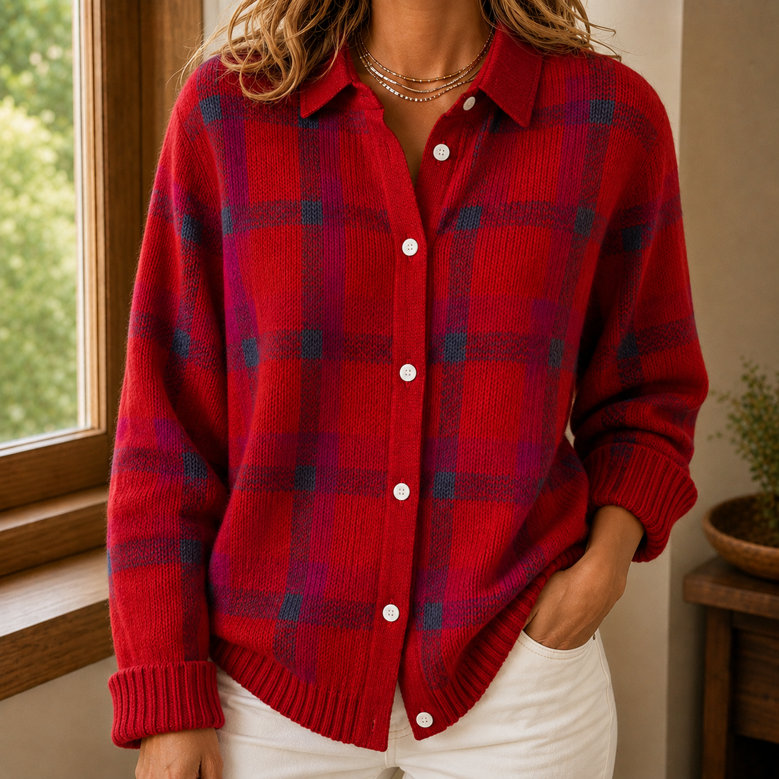 Sabina Plaid Sweater - Red