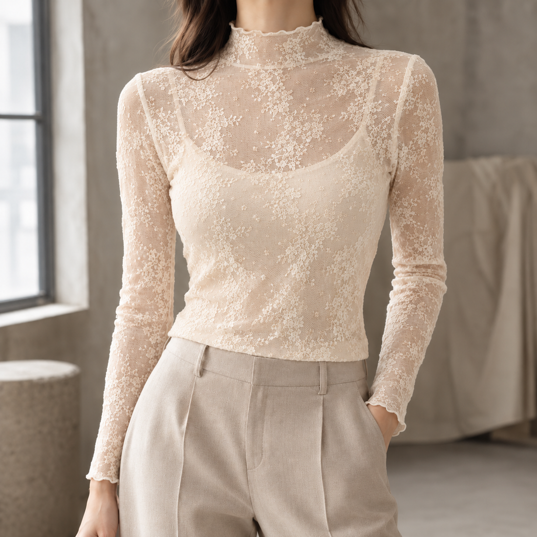 Anouk-Faye Mock Neck Top - Apricot