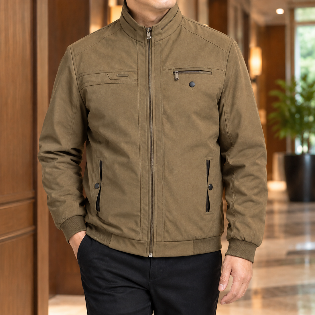Hubert Stand Collar Jacket - Khaki