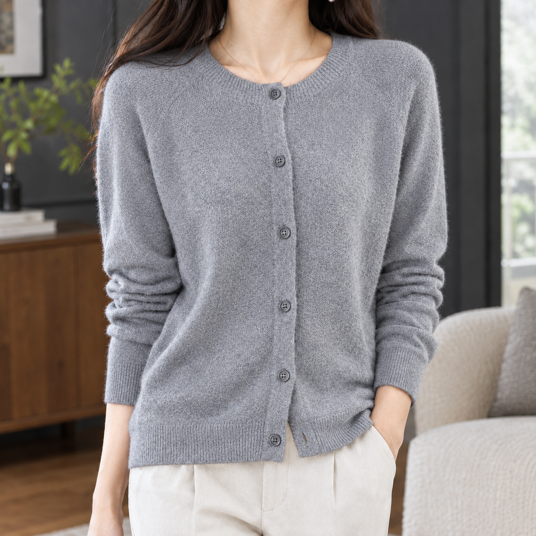 Michelle Round Neck Cardigan - Gray