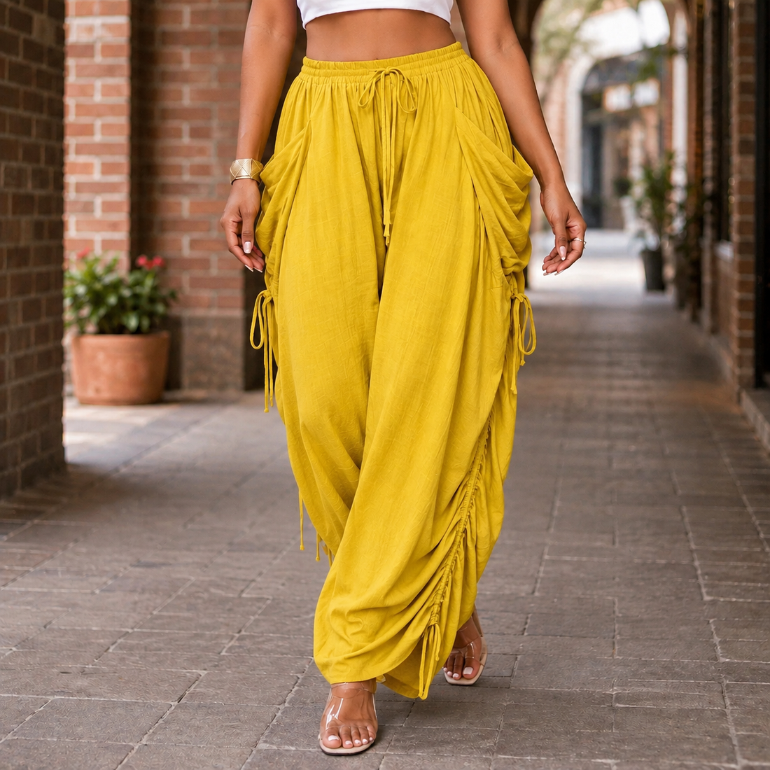 Astrid-Lane Ruched Harem Pants - Yellow