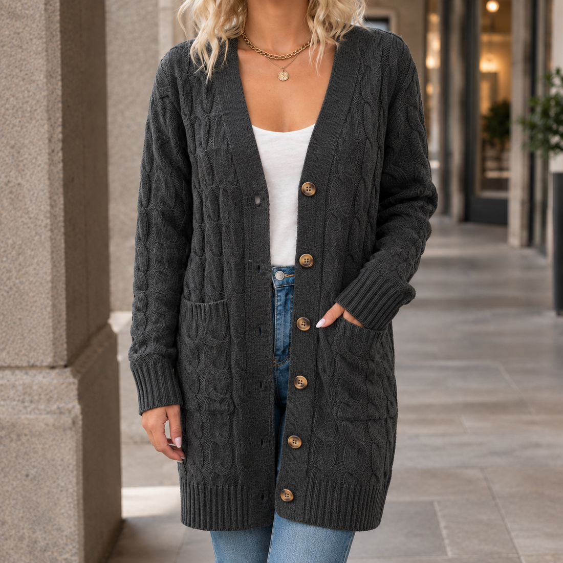 Keira Cable Knit Cardigan - Dark Gray