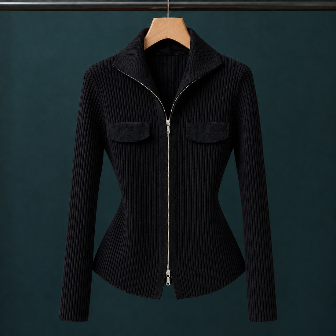 Evelina-Claire Ribbed Zip Cardigan - Black