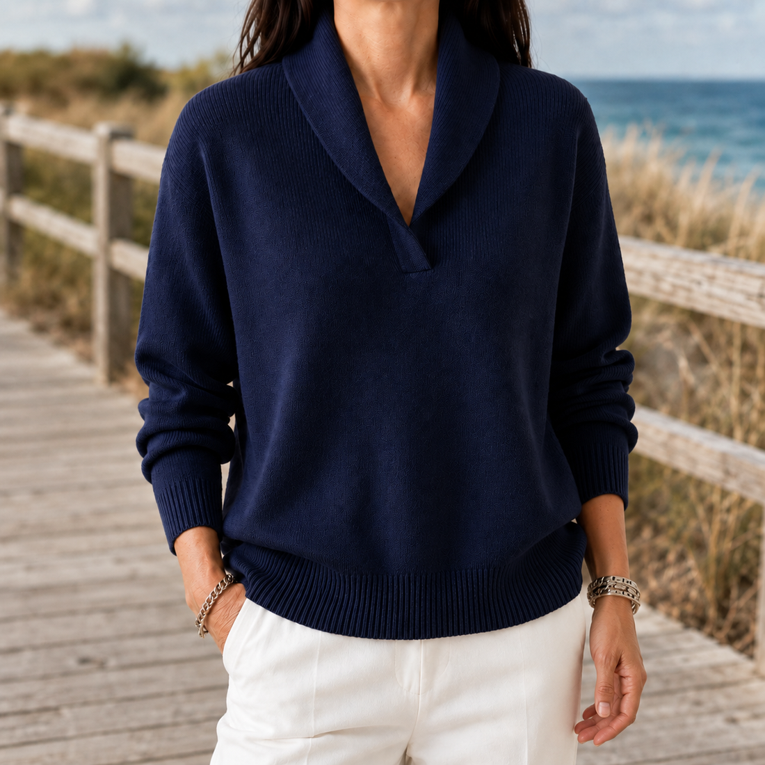 Marlene-Hope Shawl Collar Sweater - Navy Blue