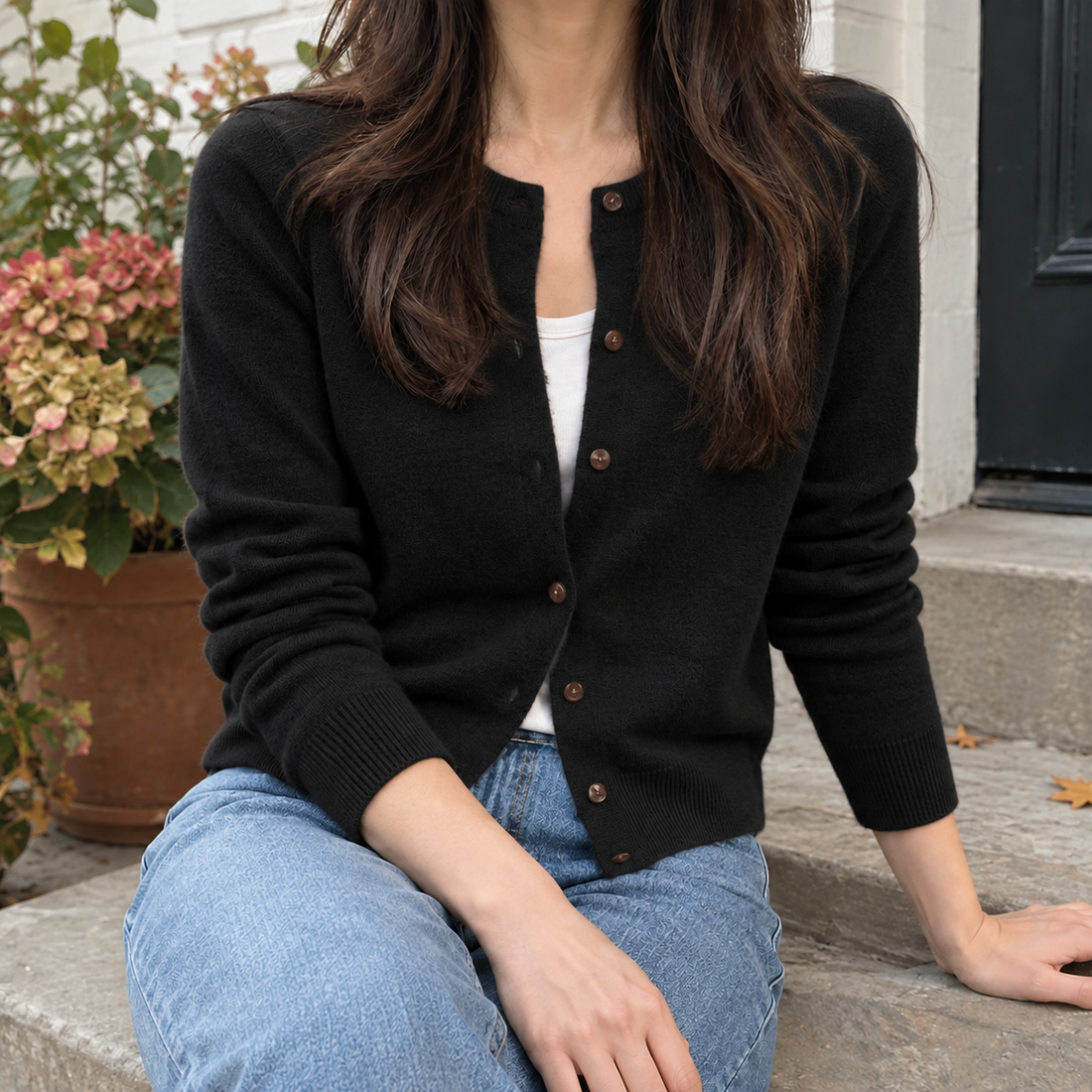 Winona-Grace Round Neck Cardigan - Black