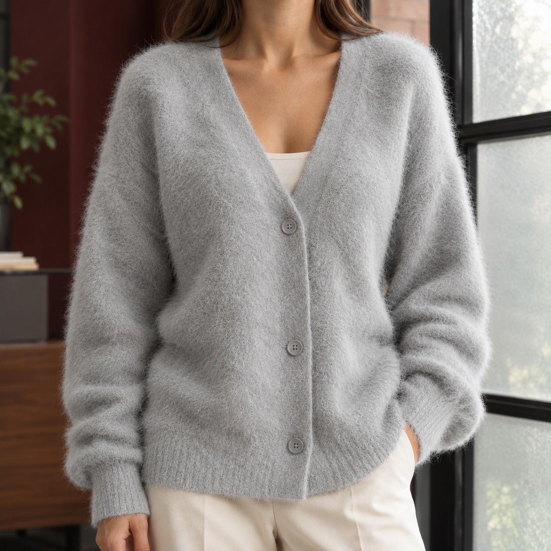 Zelie-Louise V-Neck Cardigan - Light Gray