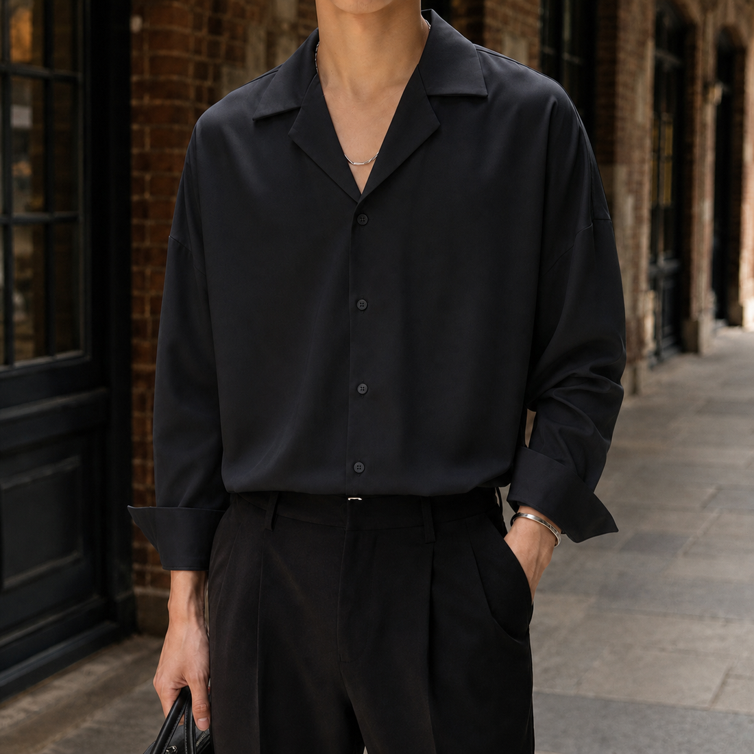 Maurice Cuban Collar Shirt - Black