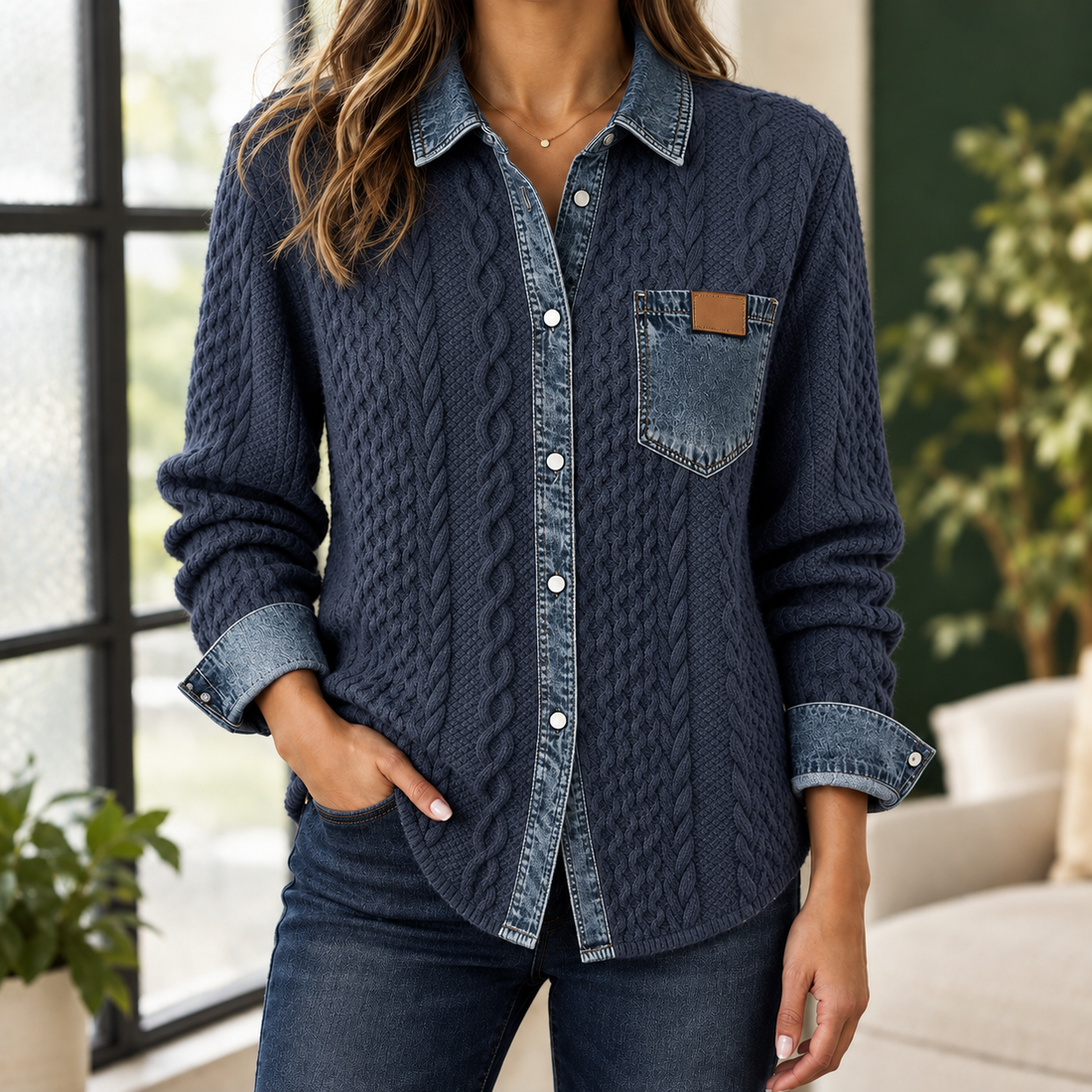Adrienne-Lane Cable Knit Overshirt - Navy Blue