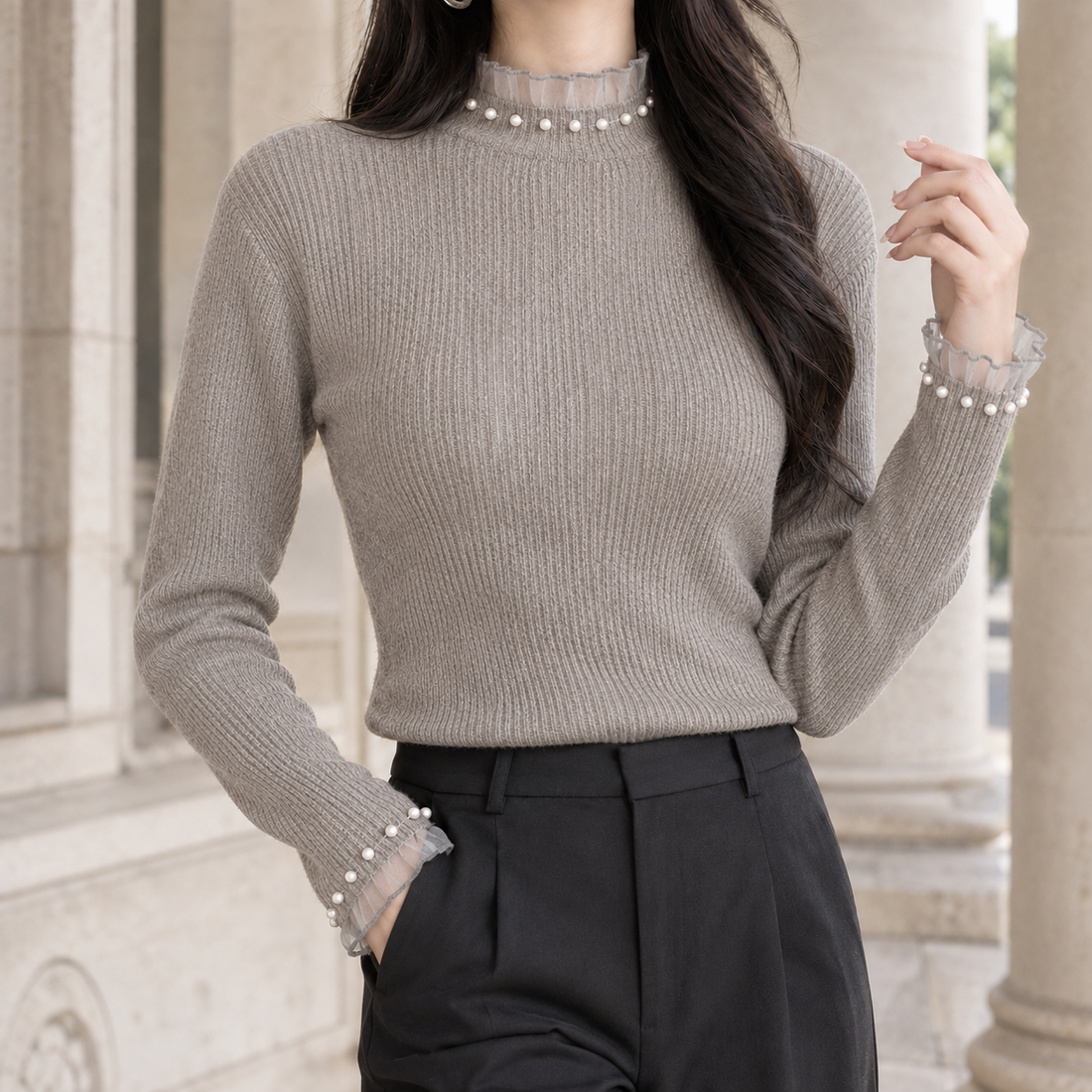 Idalia-Rae Pearl Trim Sweater - Khaki