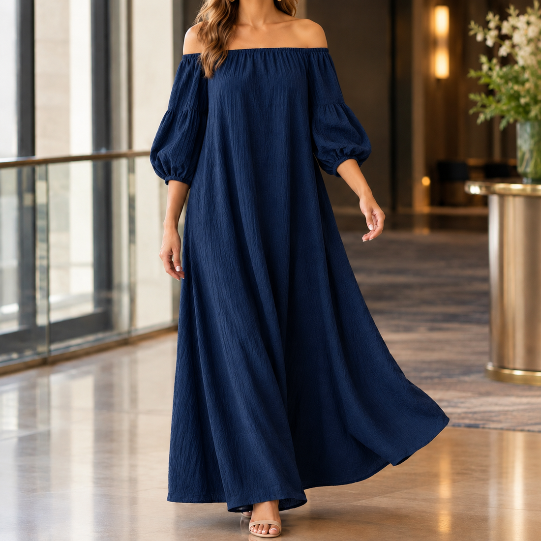 Beatrix-Rose Off Shoulder Dress - Navy Blue