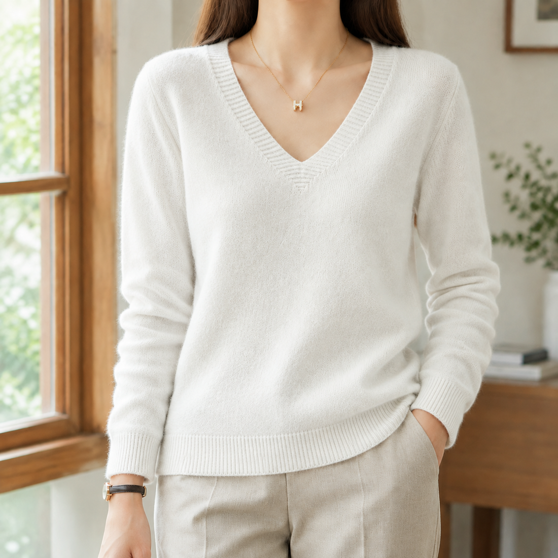 Evadne V Neck Sweater - White