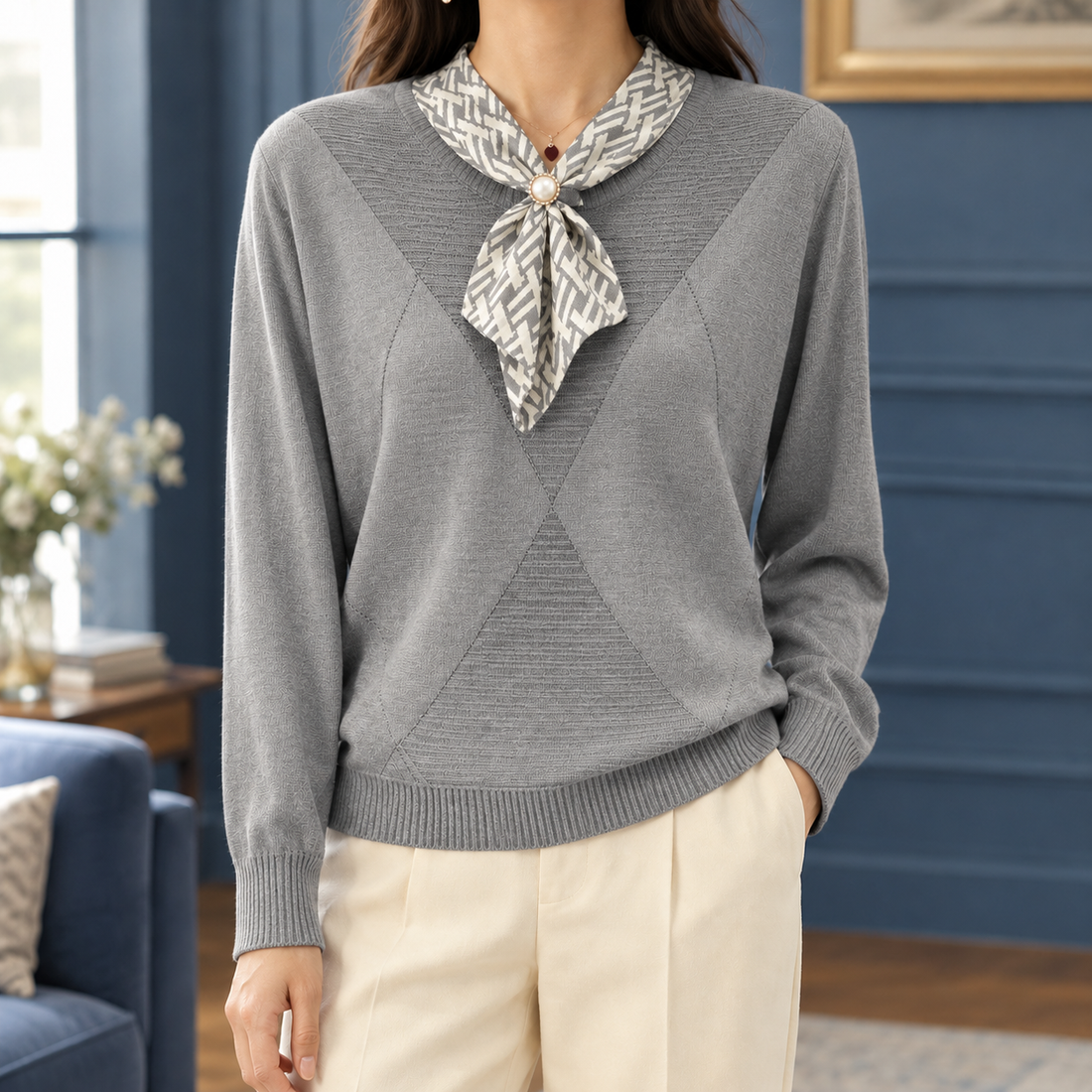 Doverton Scarf Neck Sweater - Gray Blue