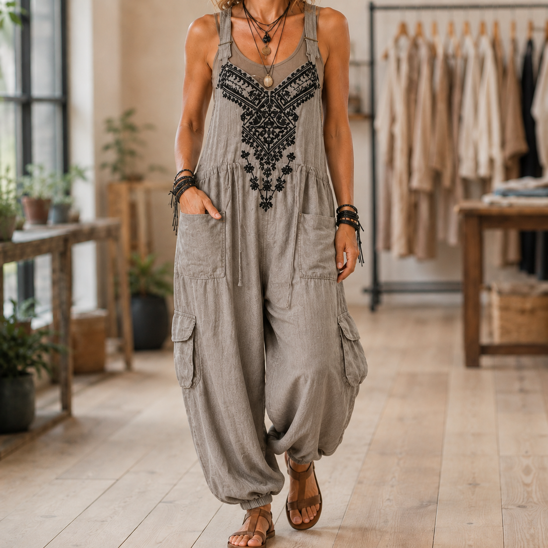 Celeste-Rose Embroidered Jumpsuit - Gray
