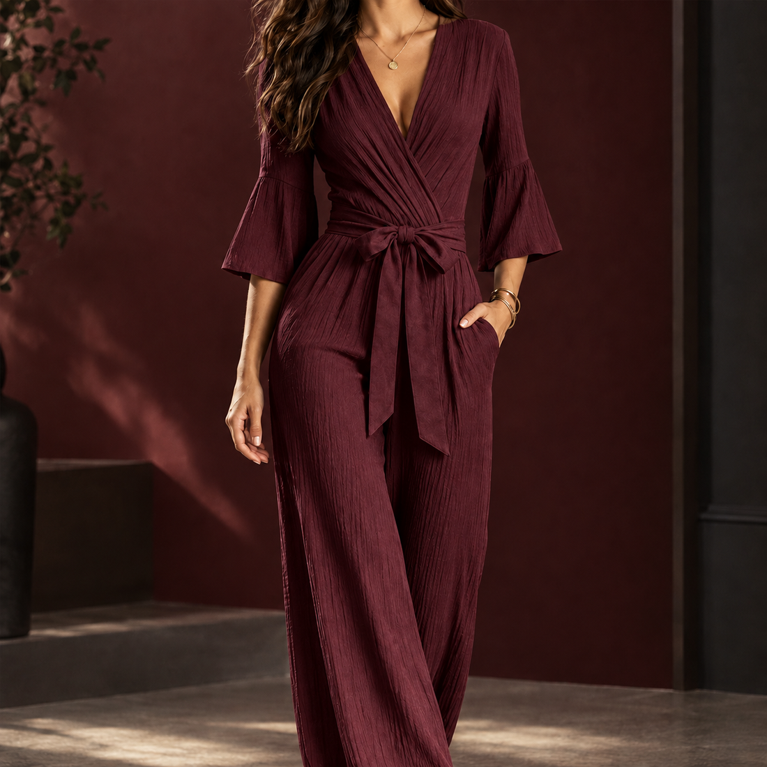 Olive-Hope Wrap Jumpsuit - Wine Red