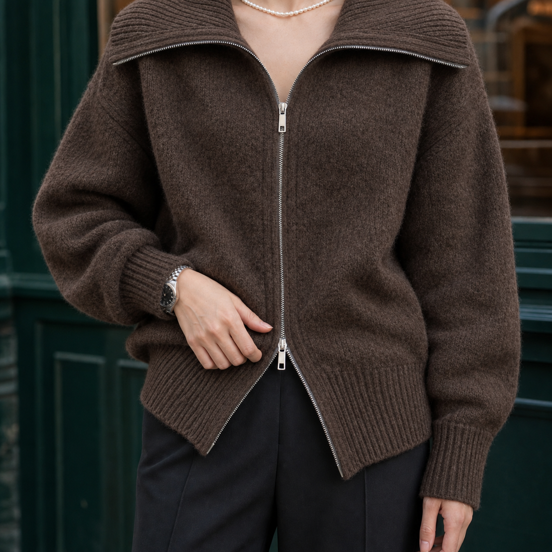Etta-Rose Zip Collar Sweater - Brown