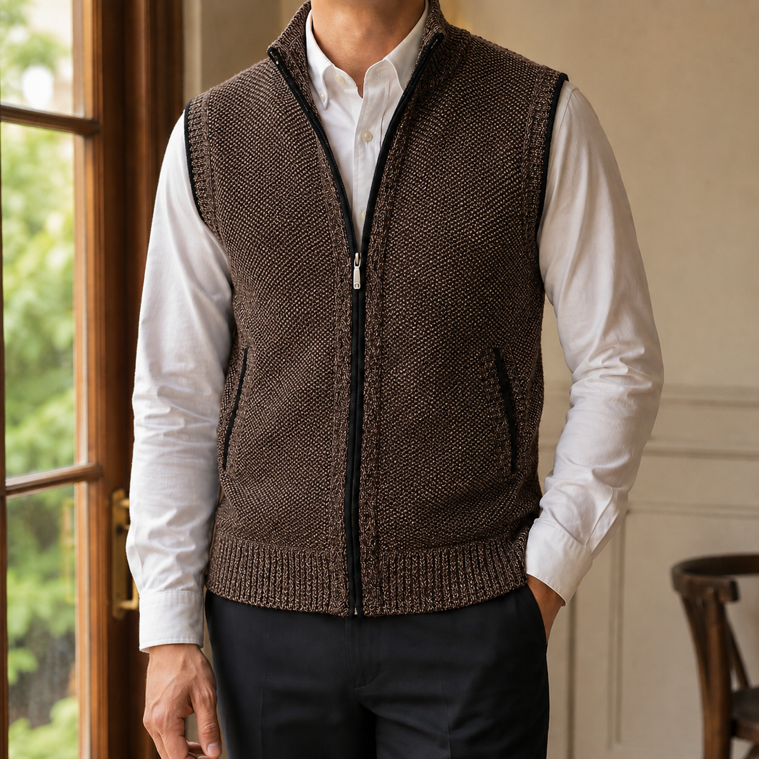 Caleb Sleeveless Knit Jacket - Brown