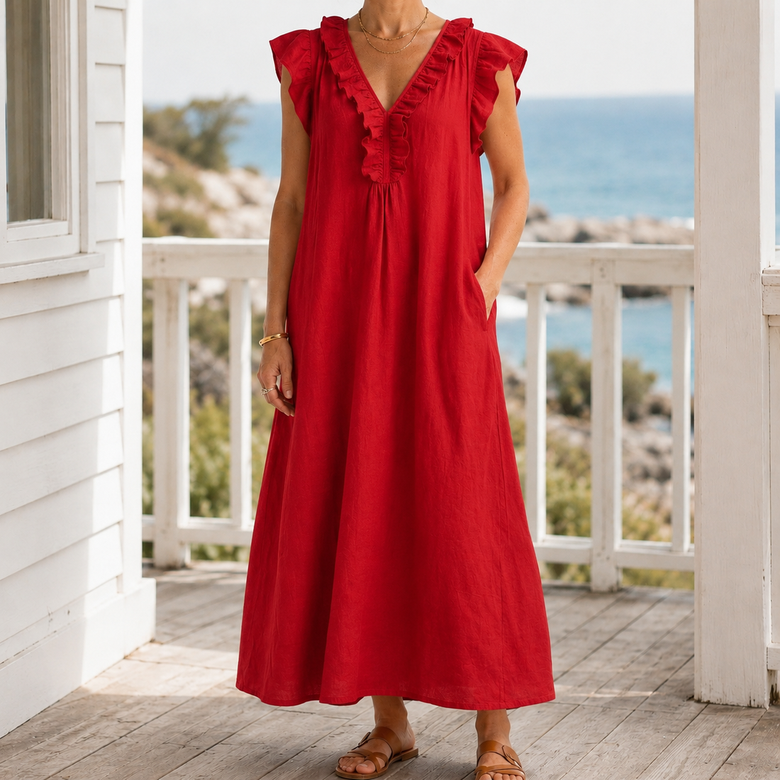Carmen-Eve Ruffle Maxi Dress - Red