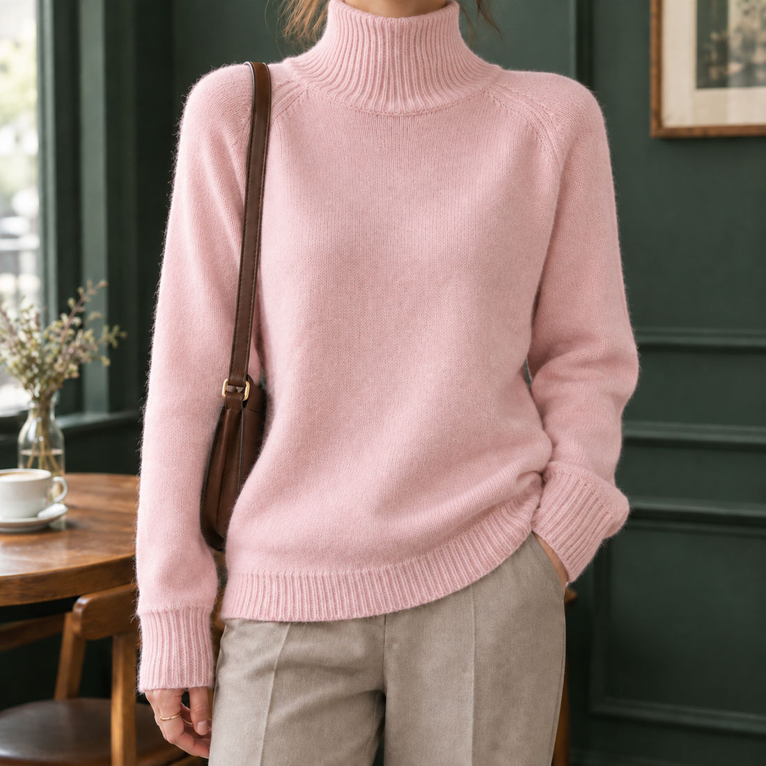 Rosalind-Pearl Ribbed Turtleneck Sweater - Rose Pink