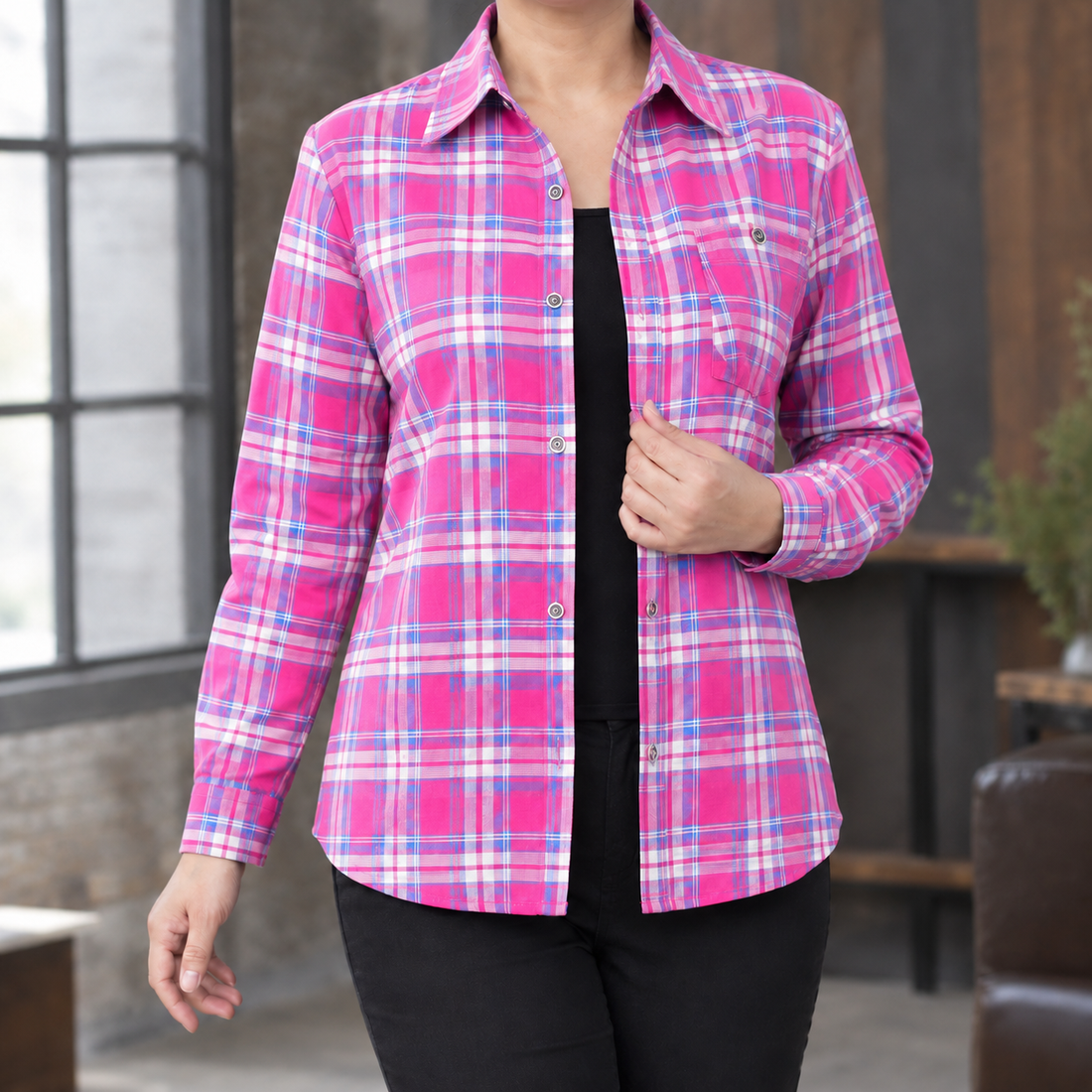 Stephanie Relaxed Plaid Shirt - Pink Plaid